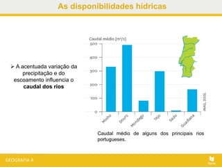 As disponibilidades hídricas
 A acentuada variação da
precipitação e do
escoamento influencia o
caudal dos rios
Caudal médio de alguns dos principais rios
portugueses.
 