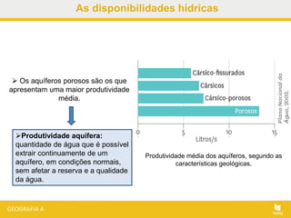 As disponibilidades hídricas
Produtividade média dos aquíferos, segundo as
características geológicas.
Produtividade aquífera:
quantidade de água que é possível
extrair continuamente de um
aquífero, em condições normais,
sem afetar a reserva e a qualidade
da água.
 Os aquíferos porosos são os que
apresentam uma maior produtividade
média.
 