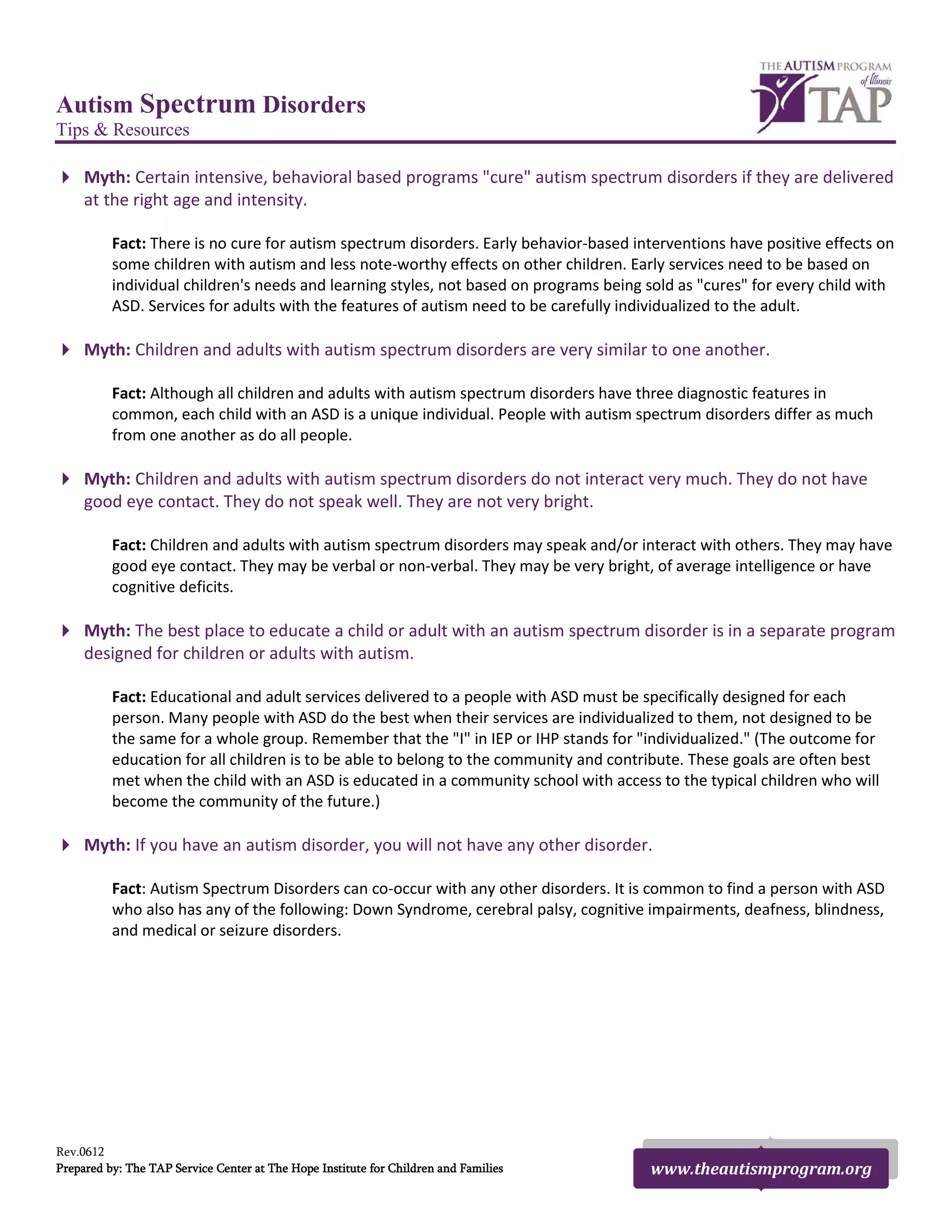 TAP Tip Sheet - Autism Myths and Facts | PDF