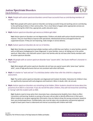 TAP Tip Sheet - Autism Myths and Facts | PDF