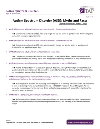 Autism Spectrum Disorders
Tips & Resources
                                                                                                                              Tip Sheet 18


           Autism Spectrum Disorder (ASD): Myths and Facts
                                                                                      Originally published by - Barbara T. Doyle


 Myth: Children and adults with autism spectrum disorders do not care about others.

          Fact: Children and adults with an ASD often care deeply but lack the ability to spontaneously develop empathic
          and socially connected typical behavior.

 Myth: Children and adults with autism spectrum disorders prefer to self-isolate.

          Fact: Children and adults with an ASD often want to socially interact but lack the ability to spontaneously
          develop effective social interaction skills.

 Myth: Children and adults with an ASD cannot learn social skills.

          Fact: Children and adults with autism spectrum disorders can learn social skills if they receive individualized,
          specialized instruction and training. Social skills may not develop simply as the result of daily life experiences.

 Myth: Autism spectrum disorders are caused by poor parenting or parental behavior.

          Fact: Parents do not and cannot cause autism spectrum disorders. Although the multiple causes of all autism
          spectrum disorders are not known, it IS known that parental behavior before, during and after pregnancy does
          not cause autism spectrum disorders to develop.

 Myth: Autism spectrum disorders are not increasing in incidence. They are just being better diagnosed,
  and diagnosed earlier so the numbers are increasing.

          Fact: Autism spectrum disorders are increasing across the globe at an alarming rate. Some states are considered
          to be in an autism epidemic. Many states experienced a 500-1000% increase in the past few years. No one
          knows the cause or causes for the increase. Better and earlier diagnosis can only account for a fraction of the
          current increases in numbers.

 Myth: ASD is a behavioral/emotional/mental health disorder.

          Fact: Autism related disorders are developmental disabilities and neuro-biological disorders. These disorders
          manifest in early childhood (usually before the age of three or four) and are likely to last the lifetime of the
          person.




Rev.0612
Prepared by: The TAP Service Center at The Hope Institute for Children and Families                www.theautismprogram.org
 