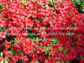 É então que vê ao seu lado os imensos recursos que Deus colocou ao seu dispor, até então ignorados por ele.  