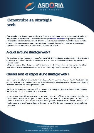 Construire sa stratégie
web

A quoi sert une stratégie web ?

Quelles sont les étapes d’une stratégie web ?

 