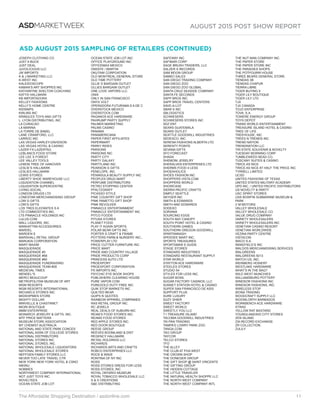 AUGUST 2015 POST SHOW REPORT
The Affordable Shopping Destination / asdonline.com 11
ASDMARKETWEEK
JOSEPH CLOTHING CO.
JUST A BUCK
JUST DEAL
JUVOLICIOUS LLC
JW IMPORTS
K  J MARKETING LLC
K-WEST INC
KALEIDOSCOPE
KAMAN’S ART SHOPPES INC
KATHARYNE SHELTON COACHING
KATYS HALLMARK
KB IMPORTADORA
KELLEY FASHIONS
KELLY’S HOME CENTRE
KIDSNIPS
KIRLINS INC
KRINGLES TOYS AND GIFTS
L. LYON DISTRIBUTING, INC
LA CURACAO
LA MARINA
LA TORRE DE BABEL
LANE CRAWFORD, LLC
LARROC INC
LAS VEGAS HARLEY-DAVIDSON
LAS VEGAS HOTEL  CASINO
LAZER FX-LAZERTAG
LEBLANCS FOOD STORE
LEE LEE S FOREST
LEE VALLEY TOOLS
LEMON TREE OF HANOVER
LESLIE’S HALLMARK
LESLIES HALLMARK
LEWIS STORES
LIBERTY SHOE WAREHOUSE LLC
LIQUIDATION CHANNEL
LIQUIDATION SUPERCENTRE
LIVING SOCIAL
LONDON DRUGS LTD
LONESTAR MERCHANDISING GROUP
LORI S GIFTS
LORI’S GIFTS
LOS TRES ELEFANTES S A
LTD COMMODITIES INC.
LTS PINNACLE HOLDINGS INC
LULUS.COM
MALL LIQUORS, INC.
MANHATTAN ACCESSORIES
MARDEL
MARDEN S
MARSHALL RETAIL GROUP
MARUKAI CORPORATION
MARY MAXIM
MASQUERADE
MASQUERADE #3
MASQUERADE #58
MASQUERADE #60
MASQUERADE FUNDRAISING
MASQUERADE TEAM #28
MEDIEVAL TIMES
MENDEL*S
MERCI BEAUCOUP
METROPOLITAN MUSEUM OF ART
MGM RESORTS
MGM RESORTS INTERNATIONAL
MICHAELS STORES INC
MIDSHIPMEN STORE
MIGHTY DOLLAR
MINVIELLE  CHASTANET
MIORI BOUTIQUE
MMM ENTERPRISE
MONARCH JEWELRY  GIFTS, INC.
MTF PRICE MATTERS
MUSEUM STORE ASSOCIATION
MY CHEMIST AUSTRALIA
NATIONAL AND STATE PARK CONCES
NATIONAL ASSN OF COLLEGE STORES
NATIONAL DISTRIBUTORS
NATIONAL STORES INC
NATIONAL STORES, INC.
NATIONAL WHOLESALE LIQUIDATORS
NATIONAL WHOLESALE STORES
NEFFGEN FAMILY STORES LLC
NEVER TOO LATE TRAVEL CTR
NEW YORK NEW YORK HOTEL  CSNO
NIKINU
NOBBIES
NORTHWEST COMPANY INTERNATIONAL
NOT JUST TOYS INC
NOVELTEES
OCEAN STATE JOB LOT
OCEAN STATE JOB LOT INC.
OFFICE PLAYGROUND INC
OFFICEMAX MEXICO
OKEEFE / MARTIN
OKUTANI CORPOATION
OLD MONTREAL GENERAL STORE
OLD TIME POTTERY
OLLIE S BARGAIN OUTLET
OLLIES BARGAIN OUTLET
ONE LOVE VAPORS LLC
ONIX
ONLY IN SAN FRANCISCO
ONYX VOLT
OPERADORA FUTURAMA S A DE C
OVERSTOCK MEXICO
OVERSTOCK.COM
PAGANOS ACE HARDWARE
PAHRUMP PARTY SUPPLY
PALMER MARKETING
PALMS CASINO
PANAMA
PANAMERICANA
PAPER FIRST AFFILIATES
PAPERMART
PARKY RIDES
PARSONS
PARSONS INC
PARTY CITY
PARTY GALAXY
PARTYLAND INC
PEARSON S GIFTS
PENELOPE, INC.
PENINSULA BEAUTY SUPPLY INC
PEOPLES DRUG MART
PERFUME DISTRIBUTORS
PETRO STOPPING CENTER
PFALTZGRAFF
PICASSO STYLE
PINE COUNTRY GIFT SHOP
PINK PAMETTO GIFT SHOP
PINK REVOLVER
PINNACLE ENTERTAINMENT
PINNACLE ENTERTAINMENT INC
PITCO FOODS
PITUSA STORES
PLANET FOOD
PLAY IT AGAIN SPORTS
POLAR BEAR GIFTS INC.
PORTER S CRAFT  FRAME
POTTERS FARM  NURSERY INC.,
POWERPLAY LTD
PRICE CUTTER FURNITURE INC
PRICE MART
PRIDE AND COUNTRY VILLAGE
PRIDE PRODUCTS CORP
PRINCESS AUTO LTD
PROEXPORT
PROEXPORT CORPORATION
PS IMPORTS INC
PSYCHIC EYE BOOK SHOPS
PUBLISHERS CLEARING HOUSE
PURE VAPOR.COM
PUREGOLD DUTY FREE INC
QUIK STOP MARKETS INC
QUILTED BEAR
QUIPS N QUOTES
RAINBOW APPAREL COMPANIES
RAS RETAIL GROUP INC
RC JEWELS
REAL DEALS OF AUBURN INC
REAM’S FOOD STORES INC.
REAMS FOOD STORES
RED APPLE STORES INC.
RED DOOR BOUTIQUE
REESE GROUP
REEVES BOOMLAND  DIST
REGENCY HALLMARK
RETAIL HOLDINGS LLC
RICHARDS
RICHARDS ARTS AND CRAFTS
ROBCO ENTERPRISES LLC
ROCK  WAVE
RONTINA OF NY INC
ROSS
ROSS STORES DRESS FOR LESS
ROSS STORES, INC
ROYAL ONTARIO MUSEUM
ROYAL TOBACCO WHOLESALE LLC
S  S CREATIONS
SE DISTRIBUTING
SAFEWAY INC
SAFIMAR CORP
SAGE BRUSH TRADERS, LLC
SALZER S RECORDS
SAM MOON GROUP
SAMKO SALES
SAN DIEGO TRADING COMPANY
SAN DIEGO ZOO
SAN DIEGO ZOO GLOBAL
SANTA CRUZ SEASIDE COMPANY
SANTA FE SECONDS
SAPP BROS INC.
SAPP BROS TRAVEL CENTERS
SAVE-A-LOT
SBAR S INC
SBLOGISTICS
SCHWESERS
SCHWESERS STORES INC
SDZ ENT
SEARS GUATEMALA
SEARS OUTLET
SEATTLE GOODWILL INDUSTRIES
SEDESCO, INC.
SERENA FASHIONS ALBERTA LTD
SERENTY POINTE
SEVANA GIFTS
SFO FORECAST
SHASA
SHEMONI JEWELRY
SHERALVEN ENTERPRISES LTD
SHERMS FOOD 4 LESS
SHOEAHOLICS
SHOES FASHION INC
SHOPPERS VISTA.COM
SHOPPERS WORLD
SHOWCASE
SIERRA PACIFIC CRAFTS
SIMPLY SEATTLE
SKYGER INC
SMITH  EDWARDS
SMITH AND EDWARDS
SODEXO
SORIANA
SOURCING EDGE
SOUTH BAY CANOPY
SOUTH POINT HOTEL  CASINO
SOUTHERN GAMES
SOUTHERN OREGON GOODWILL
SPARTANNASH
SPEEDEE MART INC.
SPORTS TREASURES
SPORTSMAN S GUIDE
STAGE STORES
STANDARD INDUSTRIES
STANDARD RESTAURANT SUPPLY
STAR WORLD
STAYTON ACE HARDWARE
STEELES STORES
STUDIO 54
STYLES FOR LESS INC.
SUGAR BOWL
SUGAR FACTORY CASINOS, LLC
SUNSET STATION HOTEL  CASINO
SUPER SAN FRANCISCO DE ASIS
SUPPORT PLUS
SURE LUXURY
SUZY SHIER
SWEET FACTORY
SWEET WORLD
SWEETLY YOU LLC
T I TREASURE ISLAND
TACOMA GOODWILL INDUSTRIES
TAI PAN TRADING
TAMPA’S LOWRY PARK ZOO
TANGA.COM
TAO GROUP
TAYCOR
TELCO STORES
TFO
THE ALLEY
THE CLUB AT PGA WEST
THE CROWN SHOP
THE DONEGER GROUP
THE GIFT SHOP @ SAINT VINCENTS
THE GIFTING GROUP
THE HIDDEN COTTAGE
THE LITTLE TRAVELER
THE NATURAL HEALTH SHOPPE LLC
THE NORTH WEST COMPANY
THE NORTH WEST COMPANY INTL
THE NUT MAN COMPANY INC
THE PAPER STORE
THE PAPER STORE INC
THE PARADIES SHOPS
THE POTPOURRI HOUSE
THREE BEARS GENERAL STORE
TIENDAS 3B
TIENDAS CHAPUR
TIERRA LIBRE
TIGER BUYING 9
TIGER LILY BOUTIQUE
TIGER LILY LTD
TJX
TJX CANADA
TOJO ENTERPRISE
TOVA, S.A.
TOWERE ENERGY GROUP
TOYS DEPOT
TRANS WORLD ENTERTAINMENT
TREASURE ISLAND HOTEL  CASINO
TREE OF LIFE
TREEHOUSE, INC
TREES N TRENDS INC
TREND NATION
TRENDNATION LLC
TRI-STATE SOUVENIR  NOVELTY
TUESDAY MORNING CORP
TUMBLEWEED BEAD CO.
TUSCANY SUITES  CASINO
TWICE AS NICE
TWICE AS NICE AT HALF THE PRICE INC
TYRRELL LIMITED
UCSD
UNITED FASHIONS OF TEXAS
UNITED STATES MILITARY ACADEMY
UPD INC. / UNITED PACIFIC DISTRIBUTORS
US NOVELTY  PARTY
USC SPIRIT STORES
USS BOWFIN SUBMARINE MUSEUM 
PARK
V M MOTORS
VALLEY WHOLESALE
VALLEY WHOLESALE CO
VALUE DRUG COMPANY
VARIETY WHOLESALERS
VARIETY WHOLESALERS INC
VENETIAN CASINO RESORT
VENETIAN WORLDWIDE
VEZINA PARTY CENTRE
VISTACON
WACO S.A.
WAKEFIELD’S INC
WALDOS MERCHANDISING SERVICES
WALGREENS
WALGREENS 5013
WATCH US, INC.
WEINBERG HOSIERY
WESTLAKE HARDWARE
WHAT’S IN THE BAG?
WILD WEST MUNCHIES
WILLIAMSBURG POTTERY
WINDSOR FASHIONS INC
WINDSOR FASHIONS, INC.
WIRELESS STOP
WONA TRADING
WOODCRAFT SUPPLY LLC
WOOWLORTH BARBADOS
WORKBENCH ACE HARDWARE
XTRAS
YELLOW RAT BASTARD
YOUNGLAND/KID CITY STORES
ZEN ISLAND
ZIA RECORD EXCHANGE
ZR COLLECTION
ZULILY
ASD AUGUST 2015 SAMPLING OF RETAILERS (CONTINUED)
 