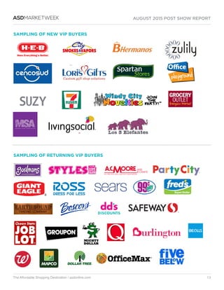 AUGUST 2015 POST SHOW REPORT
The Affordable Shopping Destination / asdonline.com 13
ASDMARKETWEEK
SAMPLING OF NEW VIP BUYERS
SAMPLING OF RETURNING VIP BUYERS
 