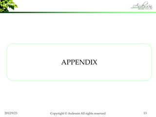 APPENDIX




2012/9/23   Copyright ? Asdessin All rights reserved   13
 