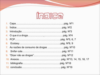 Capa………………………………………………….pág. Nº1 Índice……………………………………………….pág. Nº2 Introdução………………………………………….pág. Nº3 O que é a droga……………….,…………………..pág. Nº4 PCP……………………………………………….pág. Nº5, 6, 7 Ecstasy…………………………………………..pág. Nº8, 9 As razões de consumo de drogas ………………..pág. Nº10 Snifar cola…………………………………………pág. Nº11 “ Dizer não as drogas”…………………………….pág. Nº12 Anexos……………………………………………pág. Nº13, 14, 15, 16, 17 bibliografia………………………………………pág. Nº18 conclusão………………………………………...pág. Nº19 