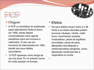 Origem O PCP ou feniclidina foi sintetizado pelos laboratórios Parke & Davis em 1959, sendo depois comercializado como agente anestésico para uso humano e veterinário. O seu uso em humanos foi interrompido em 1965 devido aos seus efeitos secundários. O PCP apareceu como droga de rua nos anos 70, no entanto nunca foi muito popular na Europa.  Efeitos Os seus efeitos duram entre 2 e 48 horas e as doses elevadas podem provocar náuseas, vómito, visão turva, movimentos oculares involuntários, perda de equilíbrio, convulsões, perda de peso, alterações neurológicas e cardiovasculares perigosas, coma, depressão cardiovascular e respiratória ou morte.   