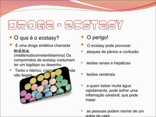 O  que é o ecstasy? É uma droga sintética chamada  mdma  (metilenodioximetanfetamina) Os comprimidos de ecstasy costumam ter um logótipo ou desenho. Tanto o fabrico, como a sua venda são ilegais. O perigo! O ecstasy pode provocar: ataques de pânico e confusão  lesões renais e hepáticas lesões cerebrais a quem beber muita água rapidamente, pode sofrer uma inflamação cerebral, que pode matar as pessoas podem morrer de um golpe de calor. 