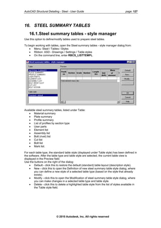 AutoCAD Structural Detailing - Steel - User Guide page: 127
16. STEEL SUMMARY TABLES
16.1.Steel summary tables - style manager
Use this option to define/modify tables used to prepare steel tables.
To begin working with tables, open the Steel summary tables - style manager dialog from:
• Menu: Steel / Tables / Styles
• Ribbon: ASD - Drawings / Settings / Table styles
• On the command line, enter RBCS_LISTTEMPL.
Available steel summary tables, listed under Table:
• Material summary
• Plate summary
• Profile summary
• List of profiles by section type
• User parts
• Element list
• Assembly list
• Bolt (rivet) list
• Cut list
• Bolt list
• Mark list.
For each table type, the standard table style (displayed under Table style) has been defined in
the software. After the table type and table style are selected, the current table view is
displayed in the Preview field.
Use the buttons on the right of the dialog:
• Default - click this to restore the default (standard) table layout (description style).
• New - click this to open the Definition of new steel summary table style dialog, where
you can define a new style of a selected table type (based on the style that already
exists).
• Modify - click this to open the Modification of steel summary table style dialog, where
you can make changes in a selected table type and table style.
• Delete - click this to delete a highlighted table style from the list of styles available in
the Table style field.
© 2010 Autodesk, Inc. All rights reserved
 