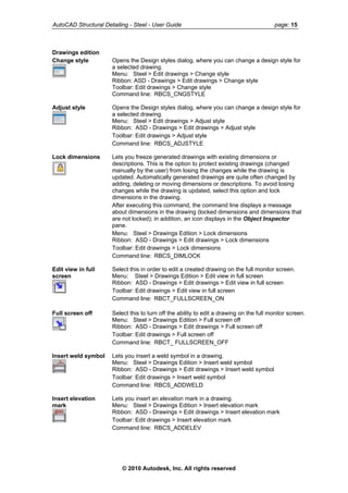 AutoCAD Structural Detailing - Steel - User Guide page: 15
Drawings edition
Change style Opens the Design styles dialog, where you can change a design style for
a selected drawing.
Menu: Steel > Edit drawings > Change style
Ribbon: ASD - Drawings > Edit drawings > Change style
Toolbar: Edit drawings > Change style
Command line: RBCS_CNGSTYLE
Adjust style Opens the Design styles dialog, where you can change a design style for
a selected drawing.
Menu: Steel > Edit drawings > Adjust style
Ribbon: ASD - Drawings > Edit drawings > Adjust style
Toolbar: Edit drawings > Adjust style
Command line: RBCS_ADJSTYLE
Lock dimensions Lets you freeze generated drawings with existing dimensions or
descriptions. This is the option to protect existing drawings (changed
manually by the user) from losing the changes while the drawing is
updated. Automatically generated drawings are quite often changed by
adding, deleting or moving dimensions or descriptions. To avoid losing
changes while the drawing is updated, select this option and lock
dimensions in the drawing.
After executing this command, the command line displays a message
about dimensions in the drawing (locked dimensions and dimensions that
are not locked); in addition, an icon displays in the Object Inspector
pane.
Menu: Steel > Drawings Edition > Lock dimensions
Ribbon: ASD - Drawings > Edit drawings > Lock dimensions
Toolbar: Edit drawings > Lock dimensions
Command line: RBCS_DIMLOCK
Edit view in full
screen
Select this in order to edit a created drawing on the full monitor screen.
Menu: Steel > Drawings Edition > Edit view in full screen
Ribbon: ASD - Drawings > Edit drawings > Edit view in full screen
Toolbar: Edit drawings > Edit view in full screen
Command line: RBCT_FULLSCREEN_ON
Full screen off Select this to turn off the ability to edit a drawing on the full monitor screen.
Menu: Steel > Drawings Edition > Full screen off
Ribbon: ASD - Drawings > Edit drawings > Full screen off
Toolbar: Edit drawings > Full screen off
Command line: RBCT_ FULLSCREEN_OFF
Insert weld symbol Lets you insert a weld symbol in a drawing.
Menu: Steel > Drawings Edition > Insert weld symbol
Ribbon: ASD - Drawings > Edit drawings > Insert weld symbol
Toolbar: Edit drawings > Insert weld symbol
Command line: RBCS_ADDWELD
Insert elevation
mark
Lets you insert an elevation mark in a drawing.
Menu: Steel > Drawings Edition > Insert elevation mark
Ribbon: ASD - Drawings > Edit drawings > Insert elevation mark
Toolbar: Edit drawings > Insert elevation mark
Command line: RBCS_ADDELEV
© 2010 Autodesk, Inc. All rights reserved
 
