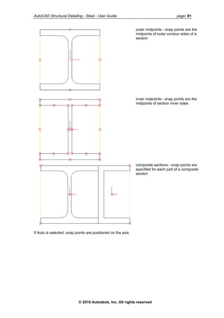 AutoCAD Structural Detailing - Steel - User Guide page: 81
outer midpoints - snap points are the
midpoints of outer contour sides of a
section
inner midpoints - snap points are the
midpoints of section inner sides
composite sections - snap points are
specified for each part of a composite
section
If Auto is selected, snap points are positioned on the axis.
© 2010 Autodesk, Inc. All rights reserved
 
