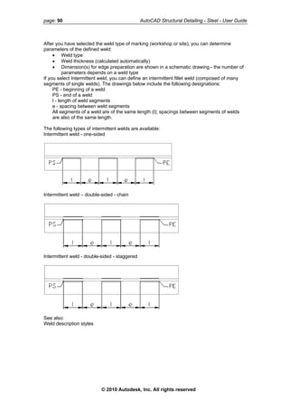 page: 90 AutoCAD Structural Detailing - Steel - User Guide
After you have selected the weld type of marking (workshop or site), you can determine
parameters of the defined weld:
• Weld type
• Weld thickness (calculated automatically)
• Dimension(s) for edge preparation are shown in a schematic drawing - the number of
parameters depends on a weld type
If you select Intermittent weld, you can define an intermittent fillet weld (composed of many
segments of single welds). The drawings below include the following designations:
PE - beginning of a weld
PS - end of a weld
l - length of weld segments
e - spacing between weld segments
All segments of a weld are of the same length (l); spacings between segments of welds
are also of the same length.
The following types of intermittent welds are available:
Intermittent weld - one-sided
Intermittent weld – double-sided - chain
Intermittent weld - double-sided - staggered
See also:
Weld description styles
© 2010 Autodesk, Inc. All rights reserved
 
