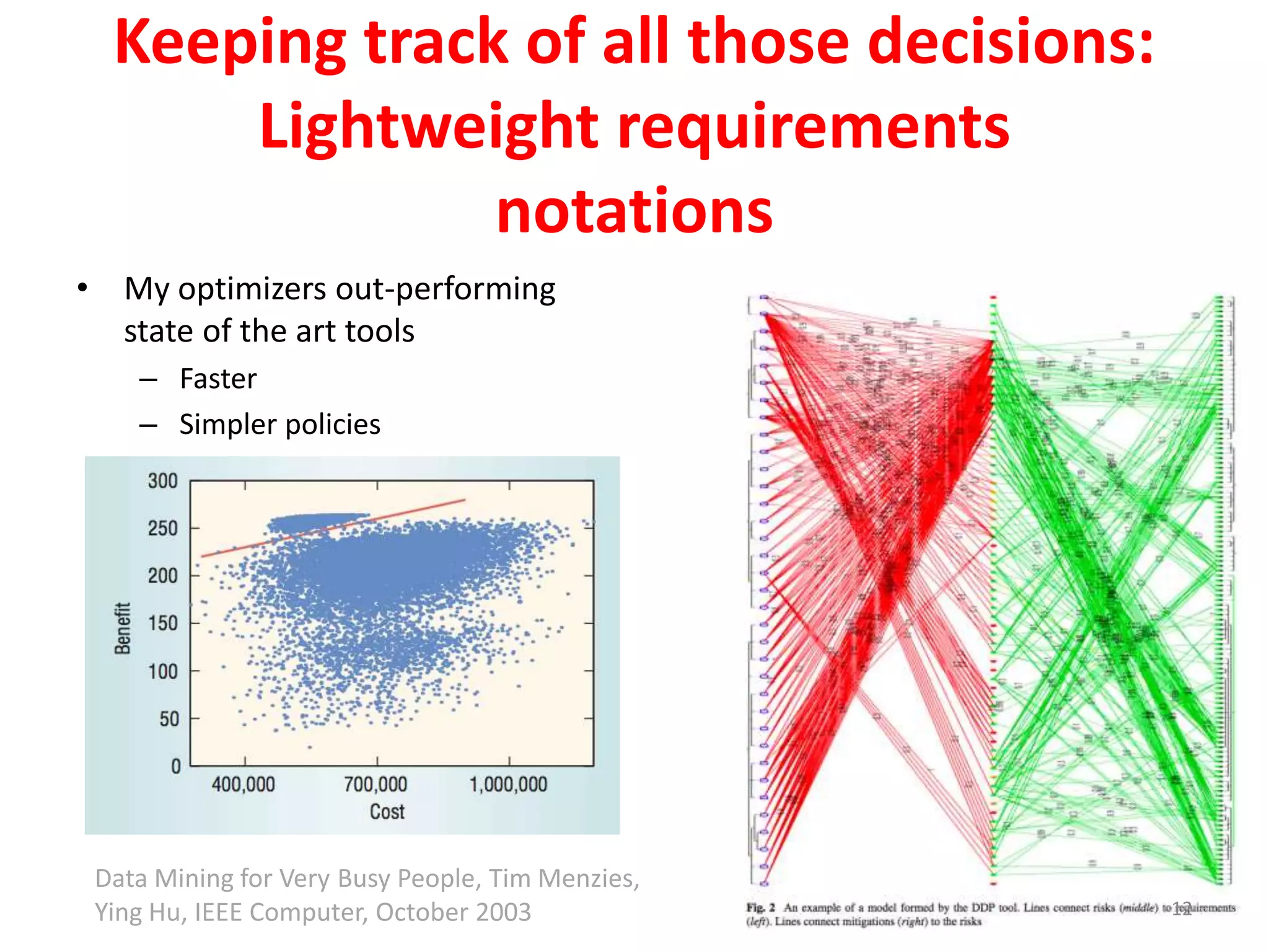 Keeping track of all those decisions: 
Lightweight requirements 
notations 
• My optimizers out-performing 
state of the art tools 
– Faster 
– Simpler policies 
12 
Data Mining for Very Busy People, Tim Menzies, 
Ying Hu, IEEE Computer, October 2003 
 