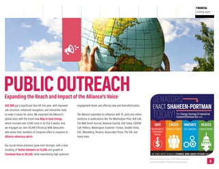 PUBLIC
OUTREACH

ALLIANCE
LEADERSHIP

FINANCIAL
Coming soon!

PUBLIC OUTREACH
Expanding the Reach and Impact of the Alliance’s Voice
ASE.ORG got a significant face-lift this year, with improved
site structure, enhanced navigation, and interactive tools
to make it easier for users. We expanded the Alliance’s
global voice with the brand new Blog to Save Energy,
which received over 4,500 visits in its first 6 weeks. And,
we engaged our over 20,000 Efficiency NOW Advocates
who wrote their members of Congress often in response to
Alliance advocacy alerts.

engagement levels and offering new and diversified posts.
The Alliance expanded its influence with TV, print and online
mentions in publications like The Washington Post, Roll Call,
The Wall Street Journal, National Journal, USA Today, CQ/Roll
Call, Politico, Washington Examiner, Forbes, Seattle Times,
E&E, Bloomberg, Reuters, Associated Press, The Hill, and
many more.

Our social media presence grew even stronger, with a near
doubling of Twitter followers to 15,000 and growth of
Facebook fans to 48,500, while maintaining high audience
Politico Ad that ran on June 4, 2013 calling for senators
to enact the Shaheen-Portman energy efficiency bil.

NEXT » 6

 
