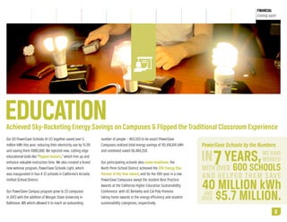 PUBLIC
OUTREACH

ALLIANCE
LEADERSHIP

FINANCIAL
Coming soon!

EDUCATION

Achieved Sky-Rocketing Energy Savings on Campuses & Flipped the Traditional Classroom Experience
Our 83 PowerSave Schools (K-12) together saved over 5
million kWh this year, reducing their electricity use by 15.9%
and saving them $980,000. We injected new, cutting edge
educational tools like “flipped lessons,” which free up and
enhance valuable instruction time. We also created a brand
new webinar program, PowerSave Schools Light, which
was inaugurated in four K-12 schools in California’s Arcadia
Unified School District.
Our PowerSave Campus program grew to 23 campuses
in 2013 with the addition of Morgan State University in
Baltimore, MD which allowed it to reach an astounding

number of people – 463,333 to be exact! PowerSave
Campuses realized total energy savings of 161,418,841 kWh
and combined saved $6,484,250.
Our participating schools also made headlines: the
North Penn School District achieved the EPA Energy Star
Partner of the Year award, and for the 10th year in a row
PowerSave Campuses swept the student Best Practice
Awards at the California Higher Education Sustainability
Conference, with UC Berkeley and Cal Poly Pomona
taking home awards in the energy efficiency and student
sustainability categories, respectively.

PowerSave Schools by the Numbers

WITH OVER
AND HELPED THEM SAVE

40 MILLION kWh
AND
OVER $5.7 MILLION.
NEXT » 8

 