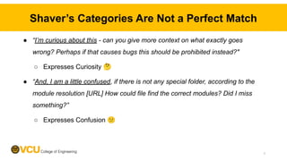 Shaver’s Categories Are Not a Perfect Match
● “I’m curious about this - can you give more context on what exactly goes
wrong? Perhaps if that causes bugs this should be prohibited instead?"
○ Expresses Curiosity 🤔
● “And, I am a little confused, if there is not any special folder, according to the
module resolution [URL] How could file find the correct modules? Did I miss
something?”
○ Expresses Confusion 😕
7
 