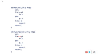 8
Fuzzed Input 1 Fuzzed Input 2 Fuzzed Input 3
x=1,y=1,z=5 x=2,y=1,z=5 x=2,y=1,z=0
int max( int x, int y, int z){
int t;
if (x >= y)
t = x; branch 1: 1 1 1
else
t = y; branch 2: 0 0 0
if (t >= z)
return t; branch 3: 0 0 1
return z; branch 4: 1 1 0
} return 5 return 5 return 2
int mut_max( int x, int y, int z){
int t;
if (x <= y)
t = x; branch 5: 1 0 0
else
t = y; branch 6: 0 1 1
if (t >= z)
return t; branch 7: 0 0 1
return z; branch 8: 1 1 0
} return 5 return 5 return 1
 