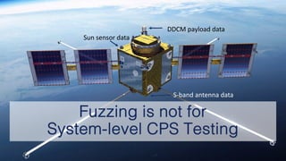 10
DDCM payload data
Sun sensor data
S-band antenna data
Fuzzing is not for
System-level CPS Testing
 