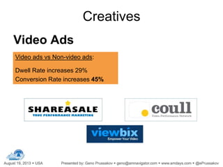 Video Ads
Creatives
Video ads vs Non-video ads:
Dwell Rate increases 29%
Conversion Rate increases 45%
 