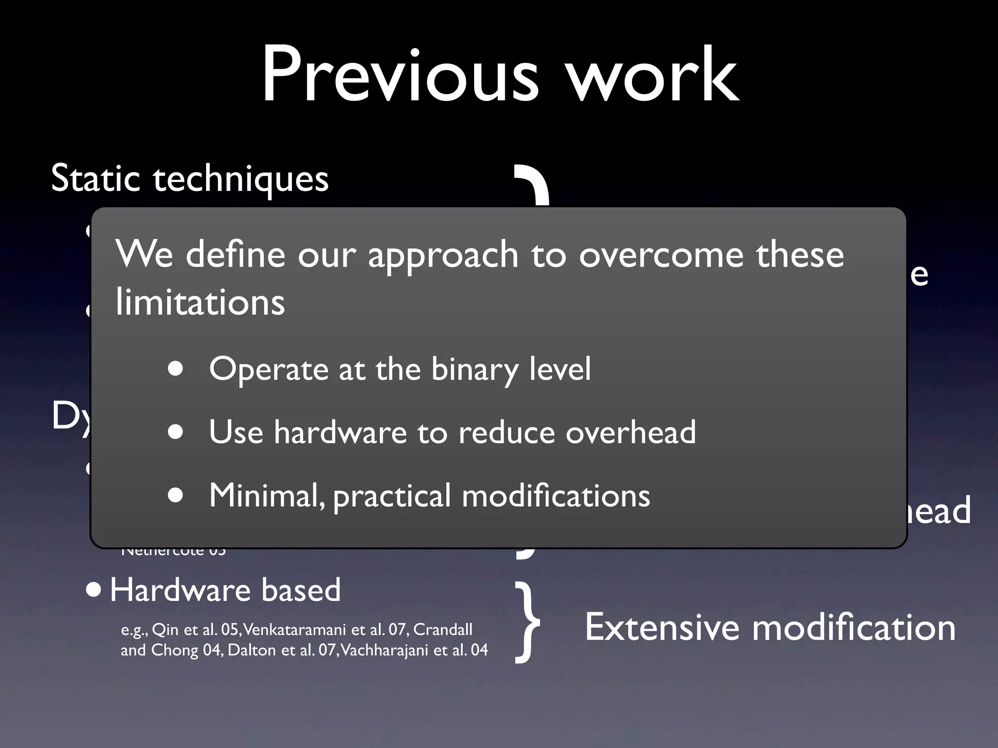 Previous work
Static techniques
•Language based
e.g., Jim et al. 02, Necula et al. 05
•Analysis based
e.g., Dor et al. 03, Hallem et al. 02, Heine and Lam
03, Xie et al. 03
Dynamic techniques
•Analysis based
e.g., Dhurjati and Adve 06, Ruwase and Lam 04, Xu
et al. 04, Hastings and Joyce 92, Seward and
Nethercote 05
•Hardware based
e.g., Qin et al. 05,Venkataramani et al. 07, Crandall
and Chong 04, Dalton et al. 07,Vachharajani et al. 04
}
}
Require source code
Unacceptable overhead
We deﬁne our approach to overcome these
limitations
• Operate at the binary level
• Use hardware to reduce overhead
• Minimal, practical modiﬁcations
} Extensive modiﬁcation
 
