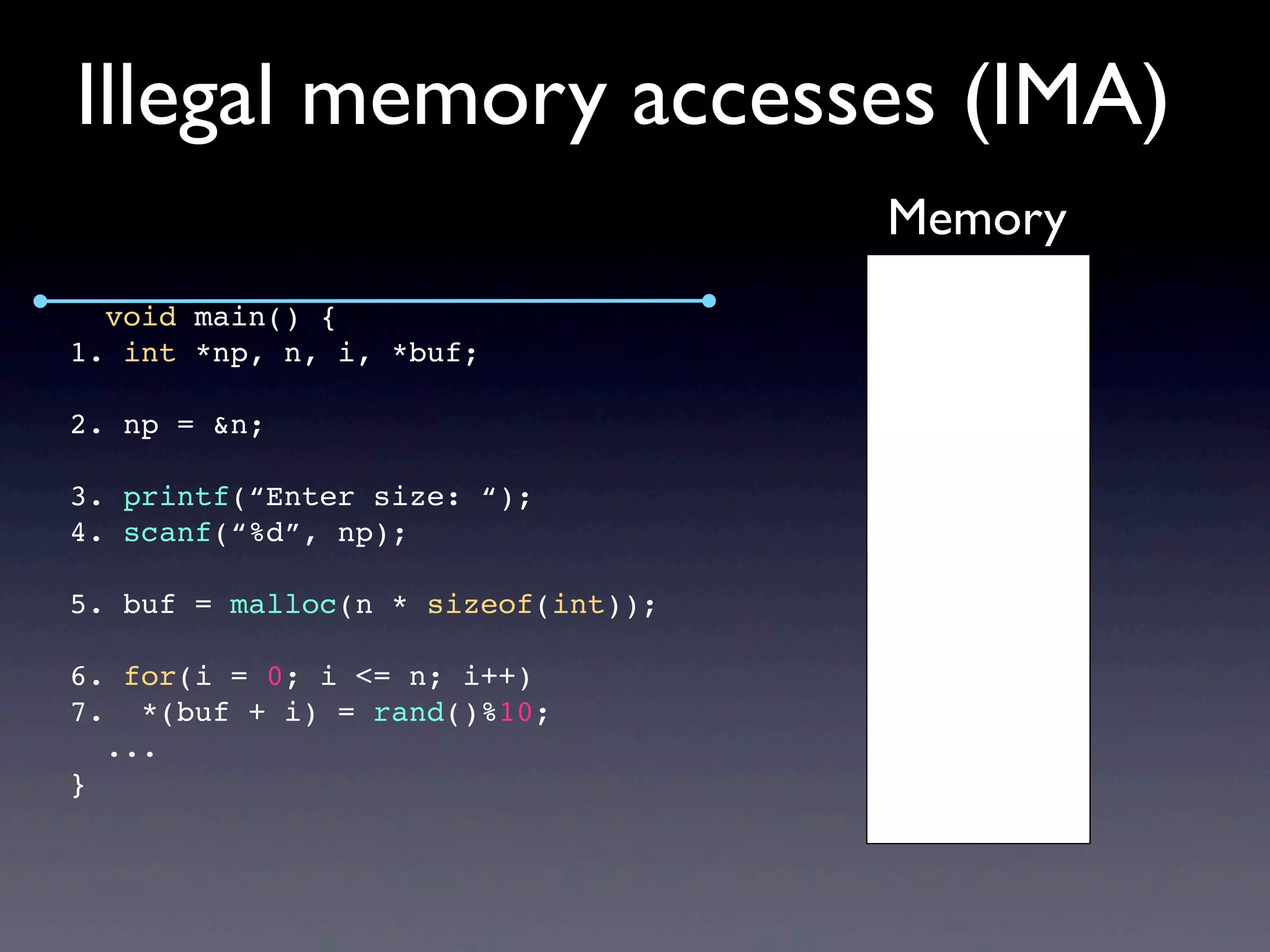 void main() {
1. int *np, n, i, *buf;
2. np = &n;
3. printf(“Enter size: “);
4. scanf(“%d”, np);
5. buf = malloc(n * sizeof(int));
6. for(i = 0; i <= n; i++)
7. *(buf + i) = rand()%10;
...
}
Illegal memory accesses (IMA)
Memory
 