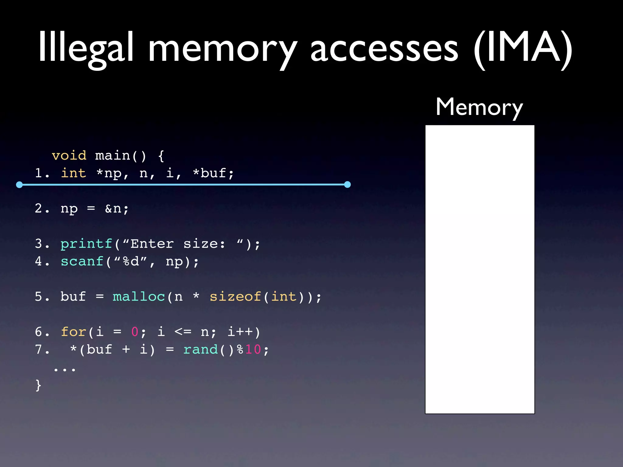 void main() {
1. int *np, n, i, *buf;
2. np = &n;
3. printf(“Enter size: “);
4. scanf(“%d”, np);
5. buf = malloc(n * sizeof(int));
6. for(i = 0; i <= n; i++)
7. *(buf + i) = rand()%10;
...
}
Illegal memory accesses (IMA)
Memory
 