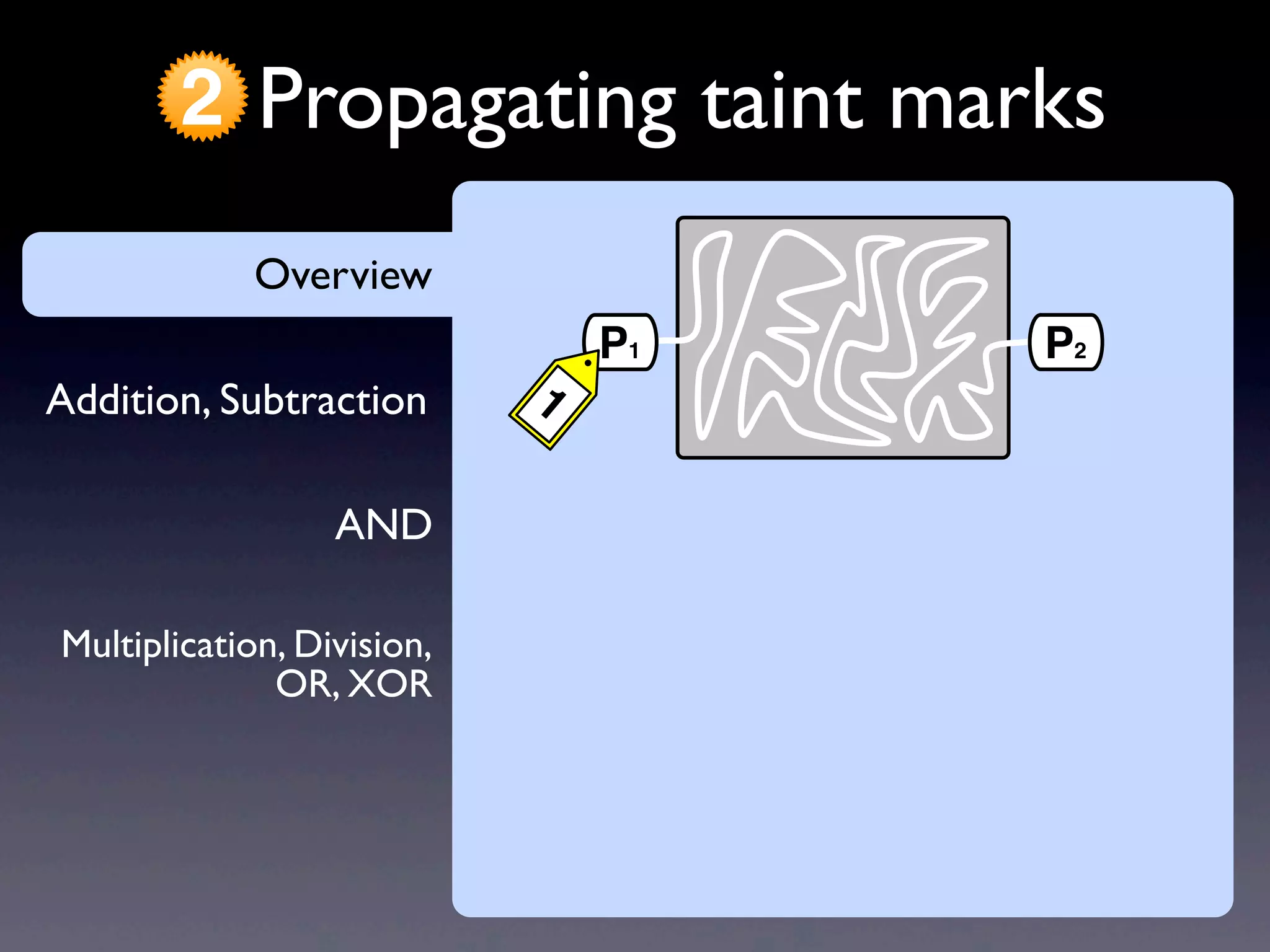 AND
Addition, Subtraction
Overview
Propagating taint marks2
Multiplication, Division,
OR, XOR
Overview
P1
1
P2
 