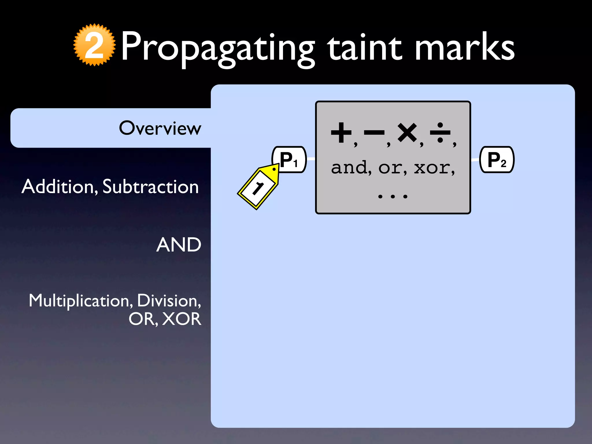 AND
Addition, Subtraction
Overview
Propagating taint marks2
Multiplication, Division,
OR, XOR
Overview +, −, ×, ÷,
and, or, xor,
...
P1
1
P2
 