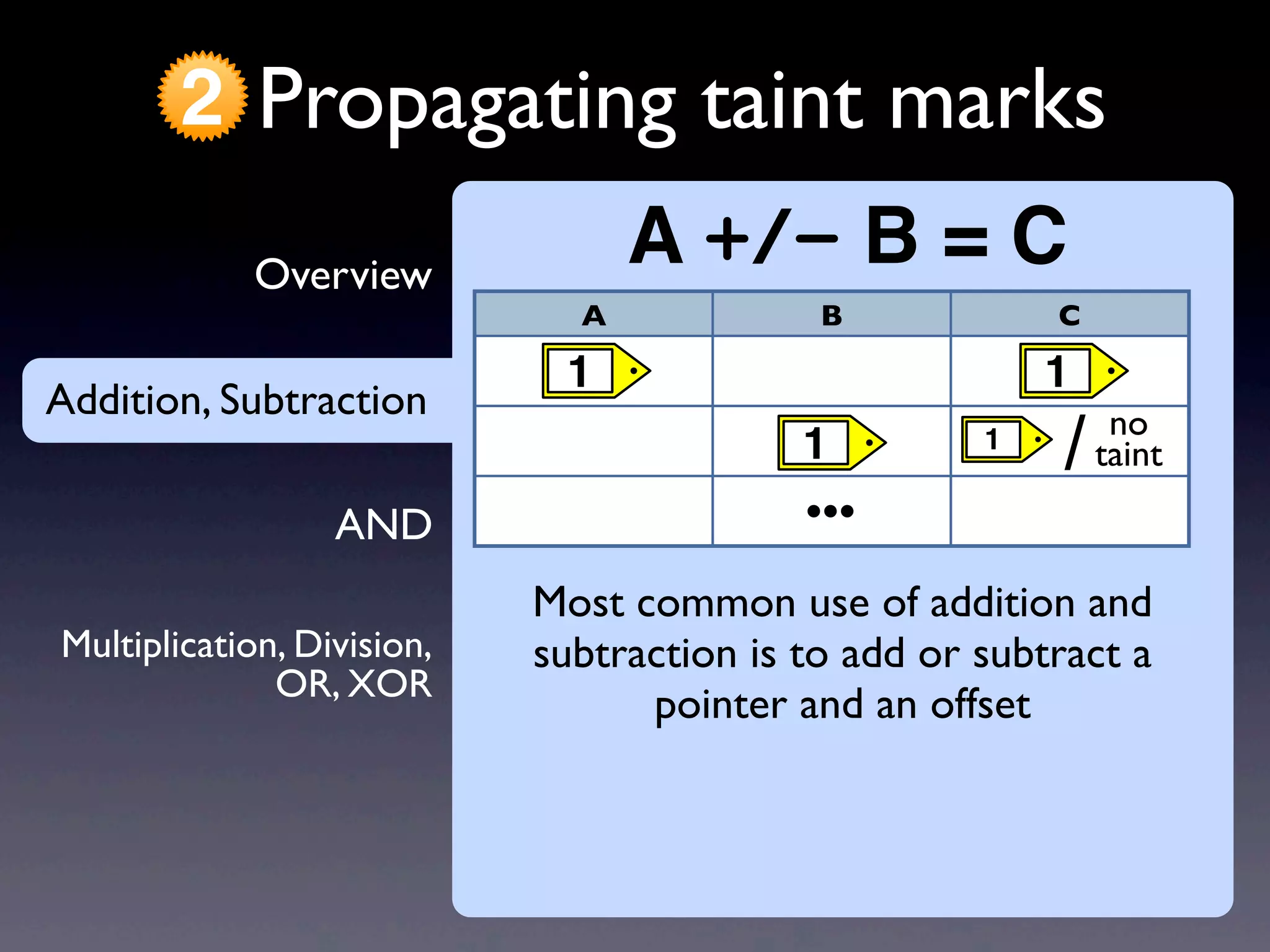 AND
Addition, Subtraction
Overview
Propagating taint marks2
Multiplication, Division,
OR, XOR
Addition, Subtraction
A +/− B = C
A B C
Most common use of addition and
subtraction is to add or subtract a
pointer and an offset
1 1
1 /1 no
taint
...
 