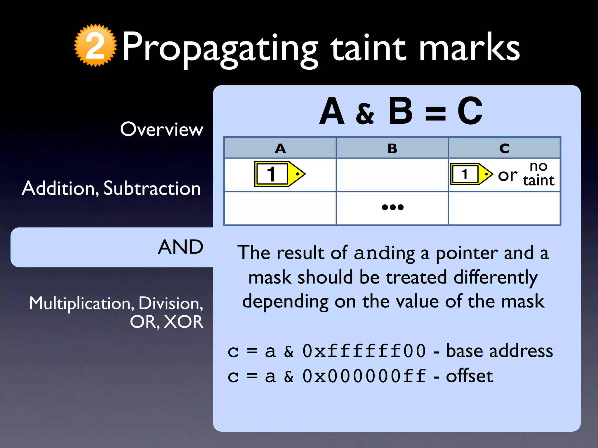 AND
Addition, Subtraction
Overview
Propagating taint marks2
Multiplication, Division,
OR, XOR
AND The result of anding a pointer and a
mask should be treated differently
depending on the value of the mask
c = a & 0xffffff00 - base address
c = a & 0x000000ff - offset
A & B = C
A B C
1 or1
no
taint
...
 
