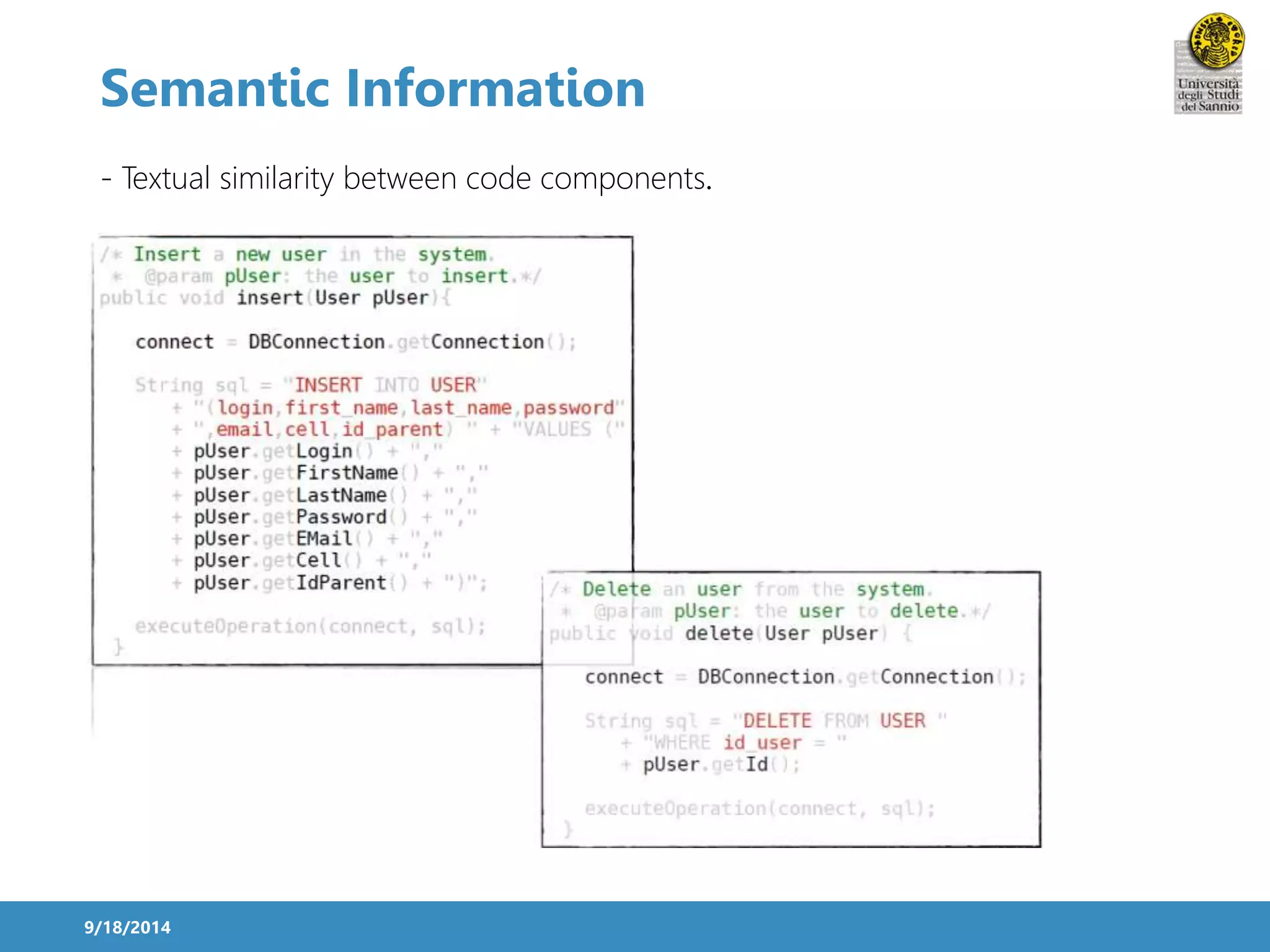 Semantic Information 
- Textual similarity between code components. 
9/18/2014 
 