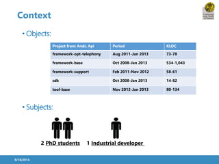 Context 
• Objects: 
Project from Andr. Api Period KLOC 
framework-opt-telephony Aug 2011-Jan 2013 73-78 
framework-base Oct 2008-Jan 2013 534-1,043 
framework-support Feb 2011-Nov 2012 58-61 
sdk Oct 2008-Jan 2013 14-82 
tool-base Nov 2012-Jan 2013 80-134 
• Subjects: 
9/18/2014 
2 PhD students 1 Industrial developer 
 