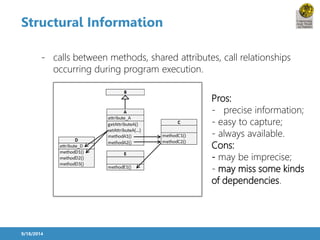 Structural Information 
- calls between methods, shared attributes, call relationships 
9/18/2014 
occurring during program execution. 
Pros: 
- precise information; 
- easy to capture; 
- always available. 
Cons: 
- may be imprecise; 
- may miss some kinds 
of dependencies. 
 