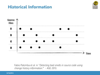 Historical Information 
9/18/2014 
Fabio Palomba et al. in ‘’Detecting bad smells in source code using 
change history information.’’’ - ASE 2013. 
 