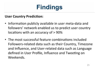 Findings
User$Country$Predic;on:$
$
•  InformaIon&publicly&available&in&user&meta;data&and&
followers’&network&enabled&us&to&predict&user&country&
locaIons&with&an&accuracy&of&>&90%&
•  The&most&successful&feature&combinaIons&included&
Followers;related&data&such&as&their&Country,&Timezone&
and&Inﬂuence,&and&User;related&data&such&as&Language&
deﬁned&in&User&Proﬁle,&Inﬂuence&and&TweeIng&on&
Weekends.&&
& 23
 