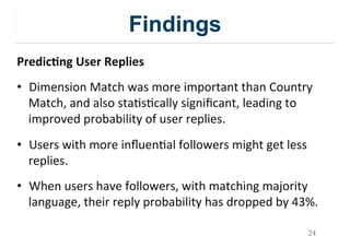 Findings
Predic;ng$User$Replies$
$
•  Dimension&Match&was&more&important&than&Country&
Match,&and&also&staIsIcally&signiﬁcant,&leading&to&
improved&probability&of&user&replies.&
•  Users&with&more&inﬂuenIal&followers&might&get&less&
replies.&&
•  When&users&have&followers,&with&matching&majority&
language,&their&reply&probability&has&dropped&by&43%.&
&
24
 