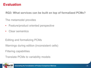 Evaluation 
Automating the Formalization of Product Comparison Matrices 
- 23 
RQ3: What services can be built on top of f...