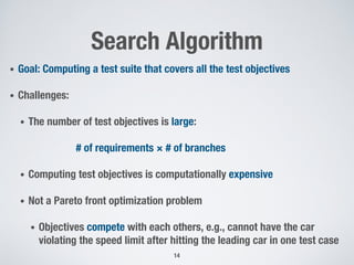 Search Algorithm
• Goal: Computing a test suite that covers all the test objectives
• Challenges:
• The number of test objectives is large:
# of requirements × # of branches
• Computing test objectives is computationally expensive
• Not a Pareto front optimization problem
• Objectives compete with each others, e.g., cannot have the car
violating the speed limit after hitting the leading car in one test case
14
 