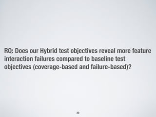 RQ: Does our Hybrid test objectives reveal more feature
interaction failures compared to baseline test
objectives (coverage-based and failure-based)?
20
 