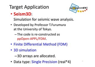 Target Application
• Seism3D: 
Simulation for seismic wave analysis.
• Developed by Professor T.Furumura
at the University of Tokyo.
–The code is re‐constructed as 
ppOpen‐APPL/FDM.
• Finite Differential Method (FDM) 
• 3D simulation
–3D arrays are allocated.
• Data type: Single Precision (real*4) 15
 