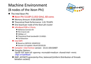 Machine Environment 
(8 nodes of the Xeon Phi)
 The Intel Xeon Phi 
 Xeon Phi 5110P (1.053 GHz), 60 cores
 Memory Amount：8 GB (GDDR5)
 Theoretical Peak Performance：1.01 TFLOPS
 One board per node of the Xeon phi cluster
 InfiniBand FDR x 2 Ports 
 Mellanox Connect‐IB
 PCI‐E Gen3 x16
 56Gbps x 2
 Theoretical Peak bandwidth 13.6GB/s
 Full‐Bisection
 Intel MPI
 Based on MPICH2, MVAPICH2
 Version 5.0 Update 3 Build 20150128 
 Compiler：Intel Fortran version 15.0.3 20150407
 Compiler Options：
‐ipo20 ‐O3 ‐warn all ‐openmp ‐mcmodel=medium ‐shared‐intel –mmic
‐align array64byte
 KMP_AFFINITY=granularity=fine, balanced (Uniform Distribution of threads 
between sockets)
 