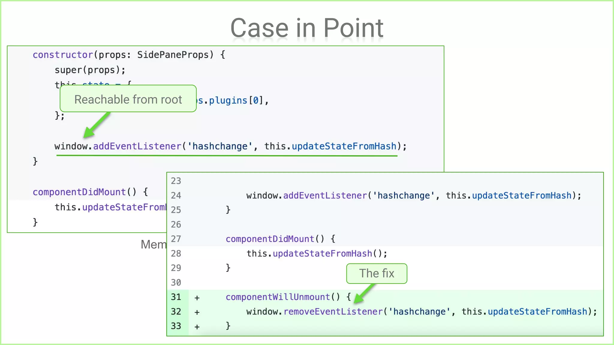 14
Case in Point
Memory Leak in MS Rooster [2]
Reachable from root
The ﬁx
 