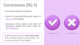 Correctness (RQ 3)
● Successful build/compilation
● Count of passing/failing test cases of
10 of 10 unchanged
● Execution times before and after LP
execution shared the same range for
all 10 projects
36
LeakPair patches are non-intrusive;
they neither break functionality, nor
incur execution time delays.
 