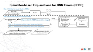 13
Simulator-based Explanations for DNN Errors (SEDE)
Real-world
Error-inducing images HUDD
Evolutionary
Algorithms
Simulator
Simulator
images
Configuration
Parameters
Step 1. Identify root-cause clusters (RCCs)
Step 2. Generate images associated to RCCs
RCCs
Step 2.3. Generate one non-failing image close to each failing image
PaiR
Simulator-based Explanation for DNN Errors (SEDE)
Non-failing images similar to faioling
images + simulator parameters
Failing images in the RCC
+ simulator parameters
RCC Representative
Images
Step 2.1. Identify RCC Representative Images
Step 2.2. Generate a set of failing images belonging to the cluster
 