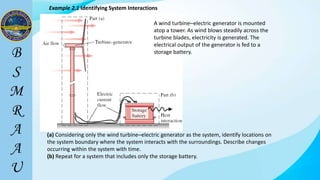 Example 2.1 Identifying System Interactions
(a) Considering only the wind turbine–electric generator as the system, identify locations on
the system boundary where the system interacts with the surroundings. Describe changes
occurring within the system with time.
(b) Repeat for a system that includes only the storage battery.
A wind turbine–electric generator is mounted
atop a tower. As wind blows steadily across the
turbine blades, electricity is generated. The
electrical output of the generator is fed to a
storage battery.
 