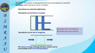 Boundary : The system is distinguished from its surroundings by a specified
boundary, which may be at rest or in motion.
Boundaries are selected subjectively.
Boundaries can be fixed or movable.
Boundaries can be real or imaginary.
The mass or energy exchange between system and its
surroundings must cross the boundaries.
Boundary has no thickness
Boundary has zero volume
 