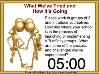 What We’ve Tried and
How It’s Going
Please work in groups of 3
and introduce yourselves.
Describe where your school
is in the process of
launching or implementing
API affinity groups. What
are some of the success
and challenges you’ve
experienced?
Rosetta Eun Ryong Lee (http://tiny.cc/rosettalee)
 