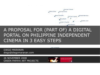 A PROPOSAL FOR (PART OF) A DIGITAL
PORTAL ON PHILIPPINE INDEPENDENT
CINEMA IN 3 EASY STEPS
DIEGO MARANAN
diego@diegomaranan.com

26 NOVEMBER 2008
GREEN PAPAYA ART PROJECTS
 