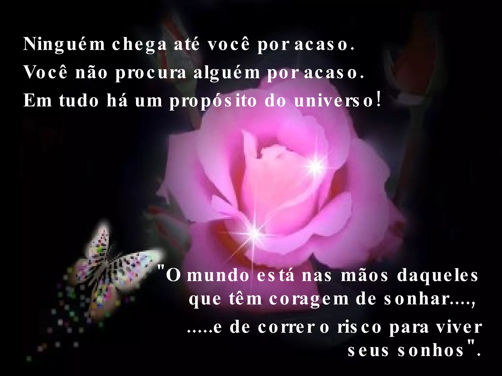 Ninguém chega até você por acaso. Você não procura alguém por acaso.  Em tudo há um propósito do universo!  "O mundo está nas mãos daqueles que têm coragem de sonhar....,  .....e de correr o risco para viver seus sonhos". 